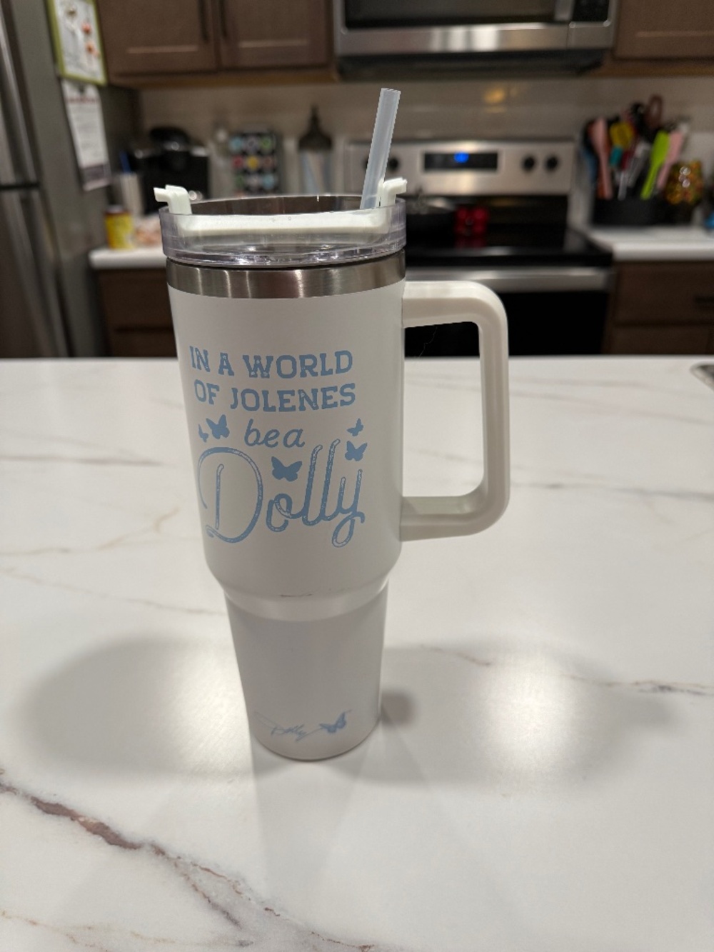 Dolly Parton 40 ounce Tumblr with straw and white and blue lettering
